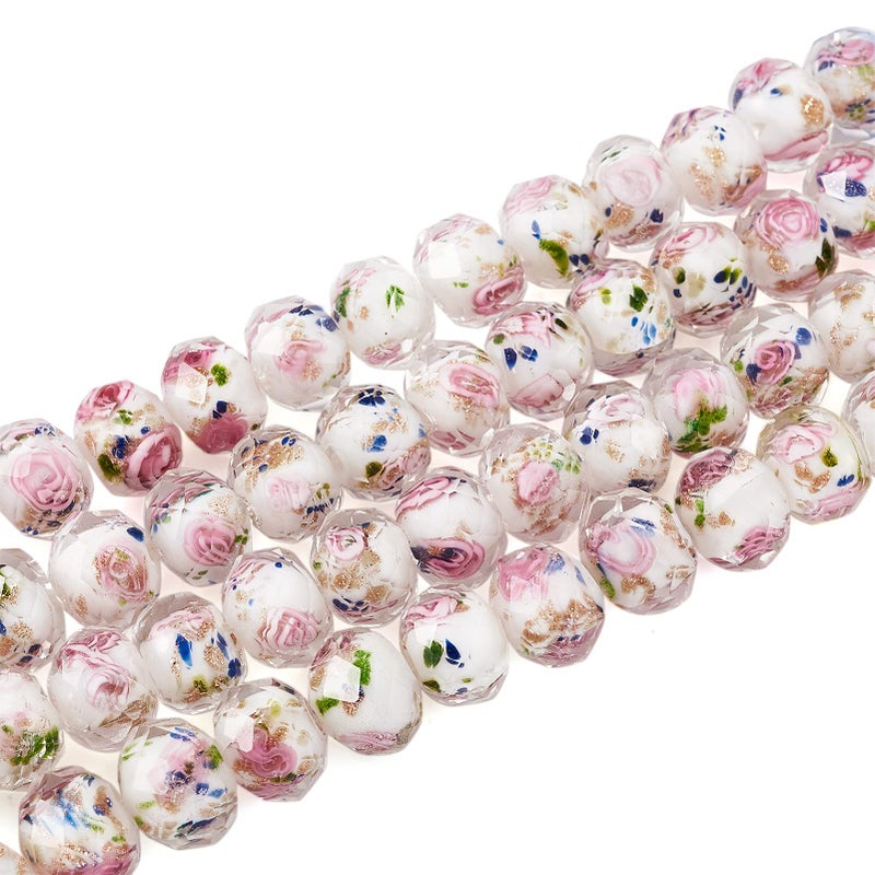 Craftdady About 60Pcs Handmade Gold Sand Lampwork Faceted Rondelle Glass Beads Strands Flower Inlaid Spacer Loose Beads for DIY Jewelry Making Hole: 2mm (White) - Image 2